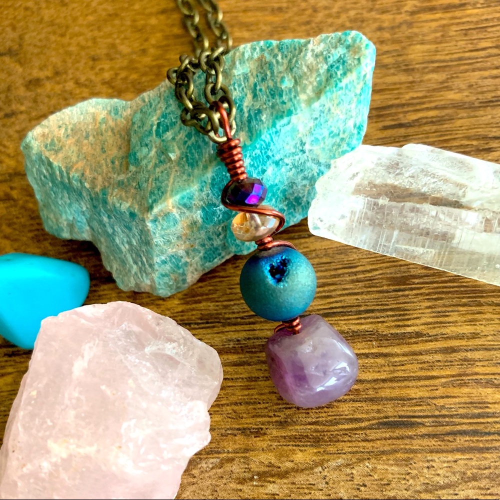 NEW Wire Wrapped Amethyst Druzy Pendant Necklace